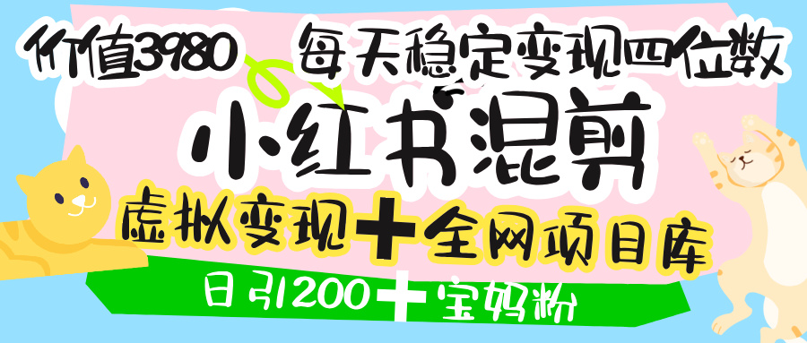 价值3980的小红书混剪， 虚拟变现 ＋全网项目库 ， 日引200+宝妈创业粉，每天稳定四位数变现-布谷屋免费网赚资源网
