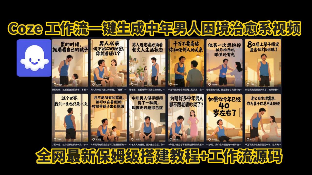 coze工作流一键生成,中年男人困境扎心高涨粉高播放量图文视频,保姆级拆解教程,无需剪辑,无需拍摄写文案智能体拆解教程-布谷屋免费网赚资源网