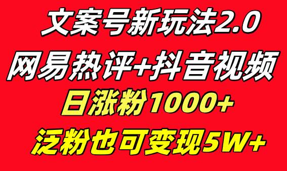 文案号新玩法 网易热评+抖音文案 一天涨粉1000+ 多种变现模式 泛粉也可变现-布谷屋免费网赚资源网