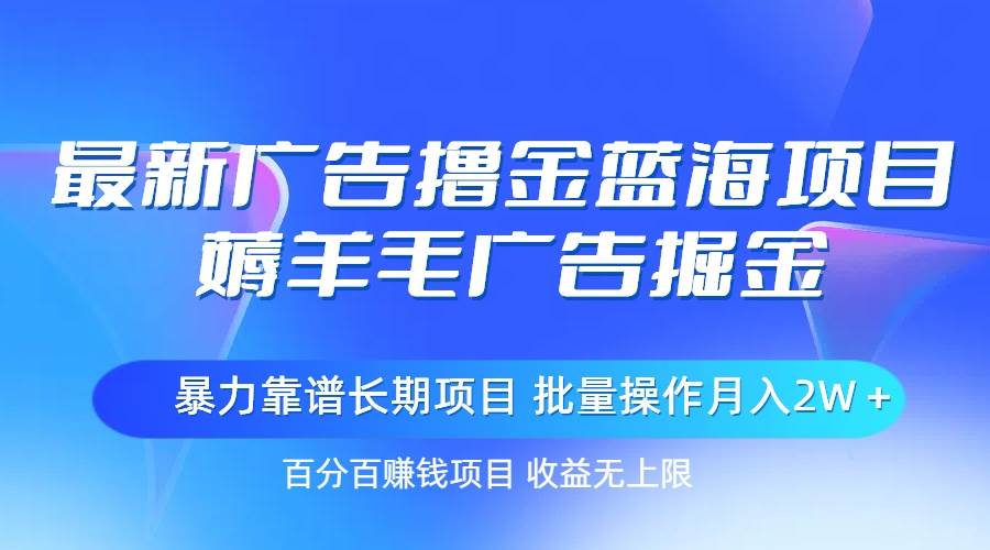 最新广告撸金蓝海项目，薅羊毛广告掘金 长期项目 批量操作月入2W＋-布谷屋免费网赚资源网