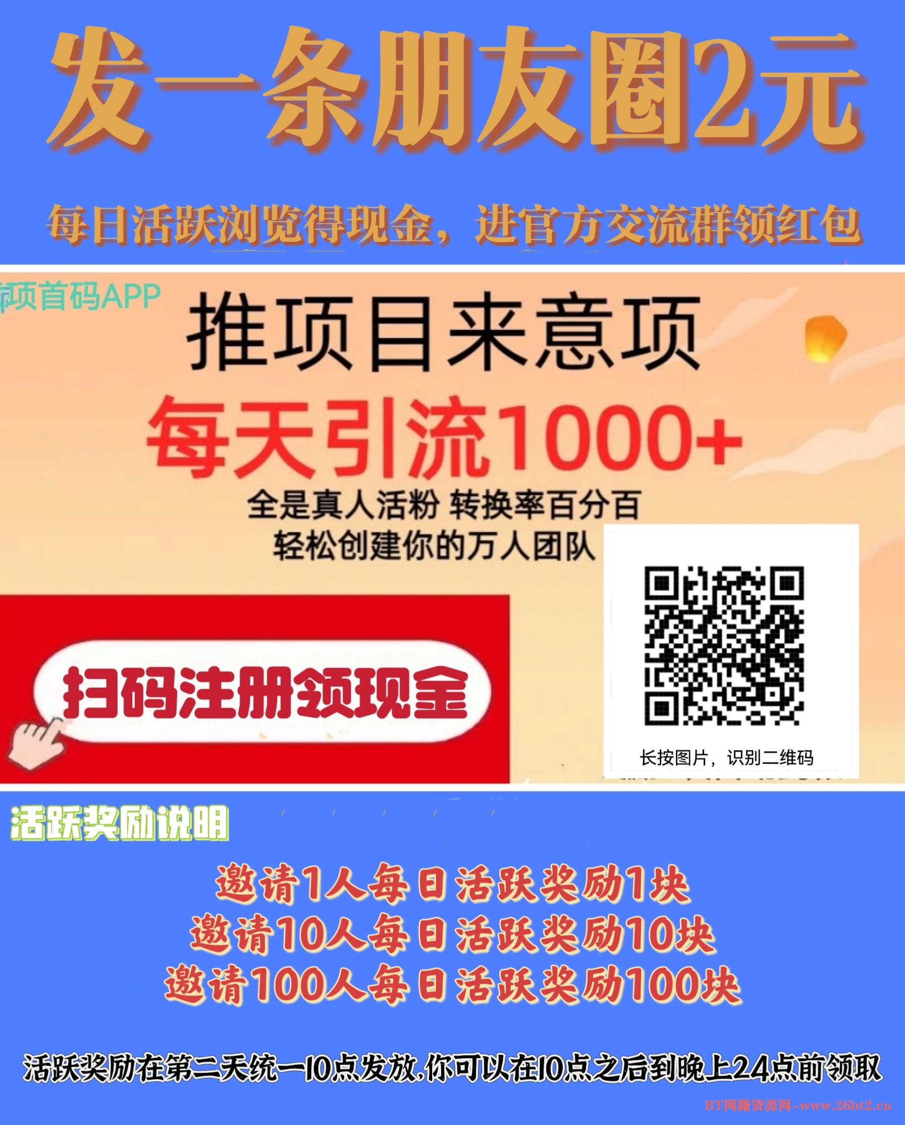 每天发一条朋友圈2元,活跃奖励真给力!-布谷屋免费网赚资源网