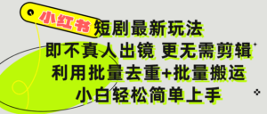 小红书短剧最新玩法,轻松日入3000+,既不真人出镜,更不用剪辑,全程搬运,傻瓜式操作,私域零成本批量操作-布谷屋免费网赚资源网