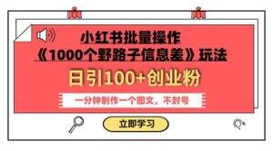 小红书批量操作《1000个野路子信息差》玩法 日引100+创业粉 一分钟一个图文-布谷屋免费网赚资源网