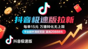 抖音极速版放福利,每单15元,万播转化无上限,平台额外满收奖励,最高可领20888元-布谷屋免费网赚资源网